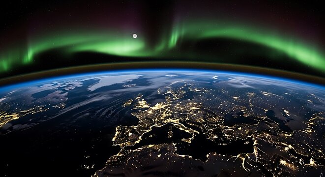 Earth from Space - Aurora Borealis over Europe at Night.