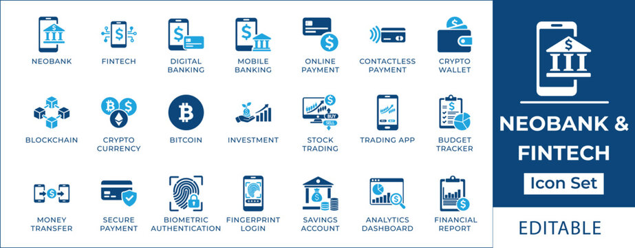 Neobank and fintech icon set featuring digital banking, mobile payment, cryptocurrency wallet, blockchain technology, stock trading, and biometric authentication symbols.