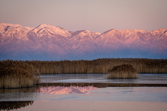 sunset over the National Wildlife Bear River Bird Refuge with Wasatch mountains in the background