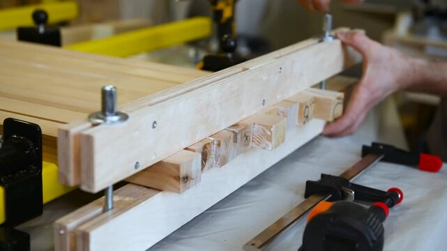 Set of clamps tools instruments for compressing and gluing wooden beams laying on work table in carpentry workshop, small business woodshop creating handmade items and furniture for home and living.