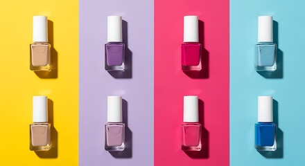 Obraz premium Assorted nail polish bottles arranged in a grid pattern on colorful backgrounds