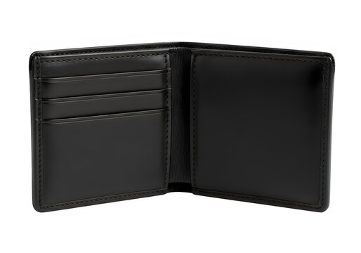 Black leather wallet open empty isolated on transparent background