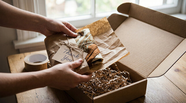 A person is opening a box and writing a thank you note
