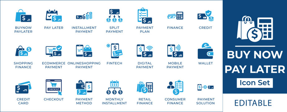 Buy now pay later icon set featuring installment payment, financial credit, digital wallet, consumer finance, monthly payment plan, and fintech online transaction symbols.