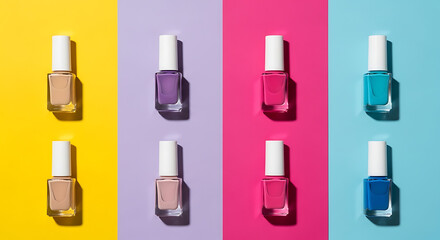 Arrangement of nail polish bottles on colorful background viewed from directly above
