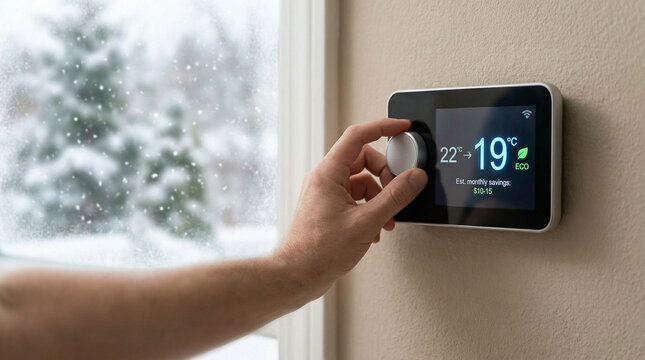 A person is adjusting the thermostat to 22 degrees