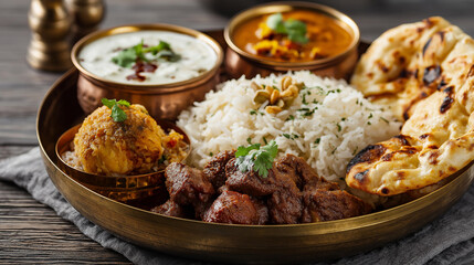 Fototapeta premium Traditional Indian thali meal served on a brass platter featuring basmati rice, naan bread, assorted curries, dal, raita, and gulab jamun sweets, defocused background, authentic