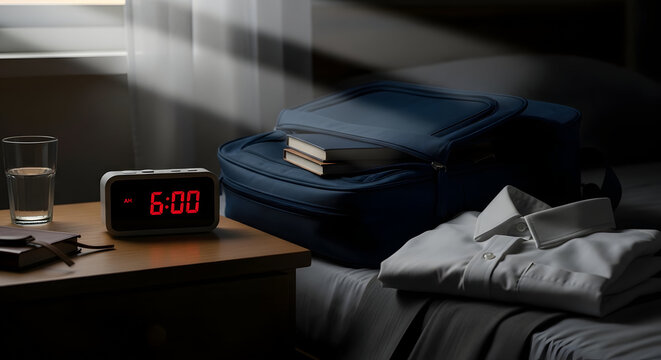 Alarm clock set to 6:00 AM beside a packed travel bag and crisp white shirt on a bed, signifying early morning travel or commute.