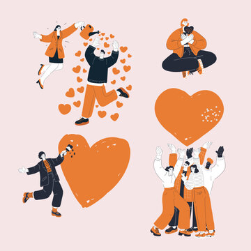 Cartoon vector illustration of women and men expressing love through painting, meditation, caring gestures, and teamwork as a symbol of compassion, connection, and shared emotional growth