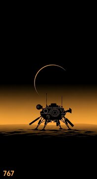 Minimalist space lander silhouette on alien planet surface, futuristic lunar module under crescent moon, sci-fi exploration concept in orange and black