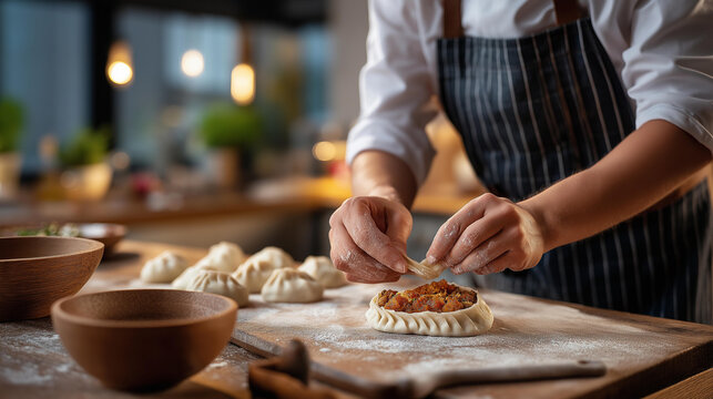 Faceless close-up of hands expertly pleating a handmade dumpling with savory filling on a flour-dusted wooden table in a bright kitchen, defocused background, homemade dumpling