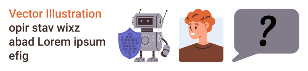 Digital security, robotics, AI, online identity, communication, conceptual design. A robot with a shield stands next to a human profile icon and a speech bubble containing a question mark. Digital © robu_s