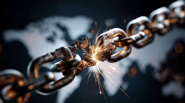 Heavy metal chain snapping apart with sparks against a world map background, defocused backdrop, broken supply chain concept, global trade instability, economic disruption