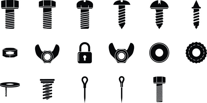 Collection of black and white hardware icons including bolts, screws, nuts, and washers