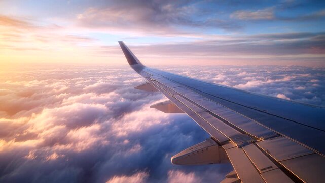 Airplane wing above clouds at golden sunset