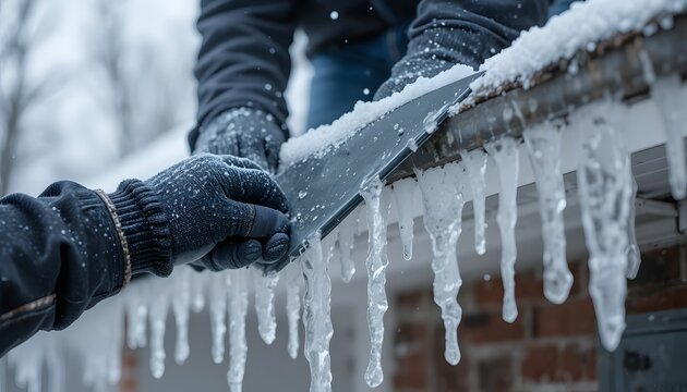 Gloved hands clearing ice from a roof gutter in winter