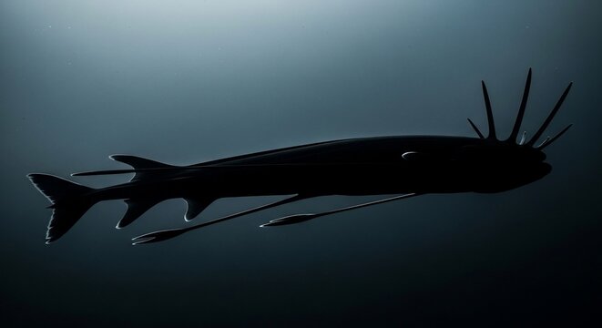 Bioluminescent deep sea fish silhouette, mysterious alien creature in dark ocean water, cinematic underwater wildlife photography
