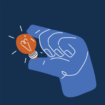 Cartoon vector illustration of a hand pointing to light bulb as a metaphor for idea, invention, and inspiration against dark background