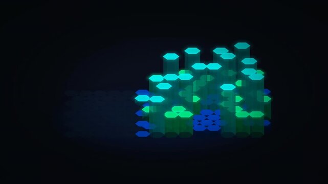 Dim neon-blue and green vertical prisms rise from a dark void, glowing in geometric unity, depth.3D