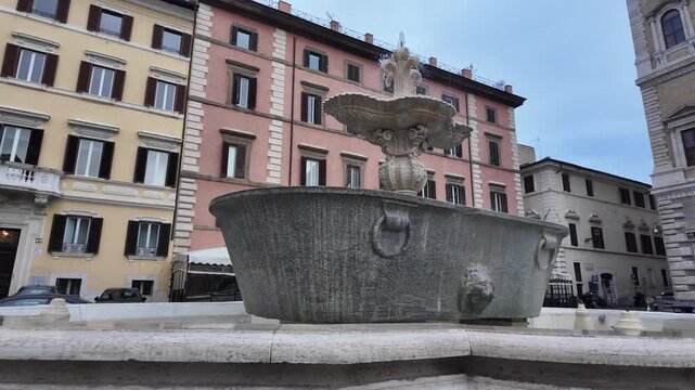Historic Granite Fountain At Piazza Farnese In Rome Italy