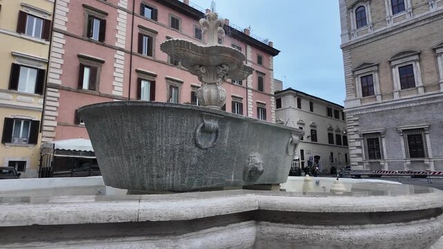 Cinematic View Of Ancient Roman Basin Fountain At Piazza Farnese