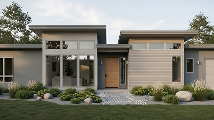 Fototapeta premium Contemporary residential property with neutral palette, garden and gravel path