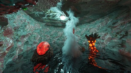 奇妙な植物が生えている洞窟　3DCGレンダリング