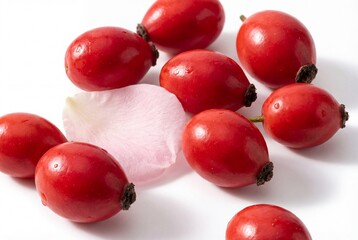 Scattered vibrant red rose hips and a single delicate pink rose petal on a white surface