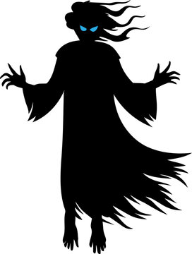 Azure glowing gaze shadow phantom drifting with shredded cloak motion, eerie nether entity for Halloween branding graphics, occult folklore character emblem, high definition monochrome vector