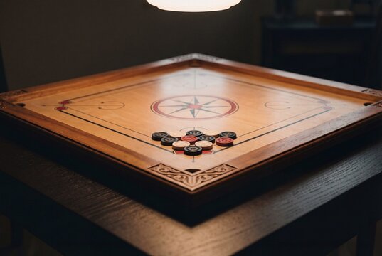 A traditional wooden carrom board with pieces arranged in the center under warm light