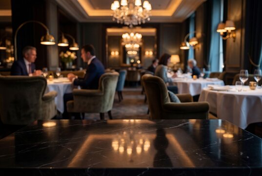 Dark reflective marble table in foreground of upscale restaurant with dining customers
