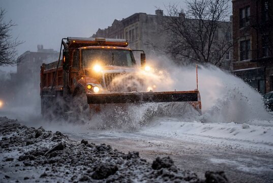 Snow plow truck clearing city street during night blizzard