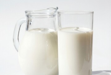 Glass and pitcher filled with fresh white milk isolated on a plain white background