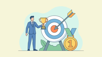 Fototapeta premium Businessman celebrating success holding a golden trophy next to an archery target with an arrow in the bullseye and a first place medal, concept of business achievement, goal setting and victory