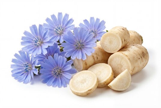 Blue chicory flowers and sliced chicory roots on a white background