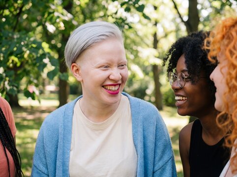 Joyful woman with albinism laughing with diverse female friends in a sunny park on a summer day