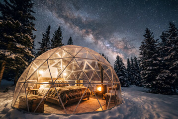 Dome in Winter Forest Under Milky Way
