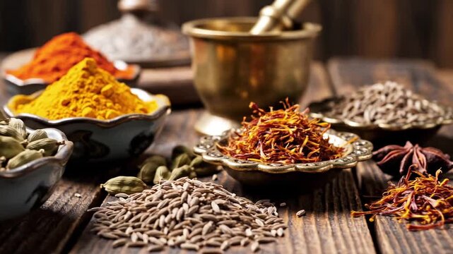 Fresh organic spices and dried herbs in wooden spoons and bowls on a brown table create a natural seasoning palette for healthy cooking and traditional cuisine