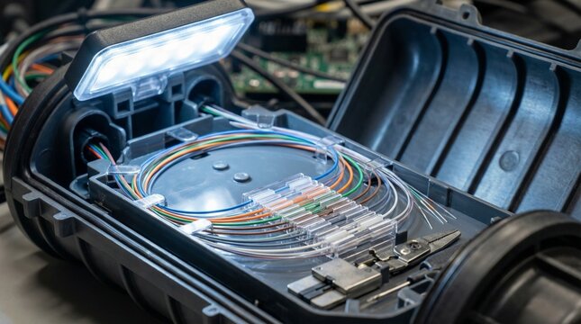 Close-up of a fiber optic splice closure tray with colorful glass fibers and precision splicing tools.