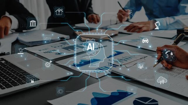 A dynamic business setting featuring a meeting focused on integrating artificial intelligence. Digital icons illustrate various industries alongside financial charts. Raster