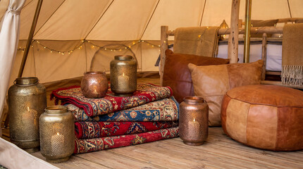 Bohemian Tent Interior with Rugs and Pillows
