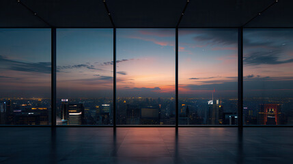 Fototapeta premium A city skyline is visible through a large window at sunset