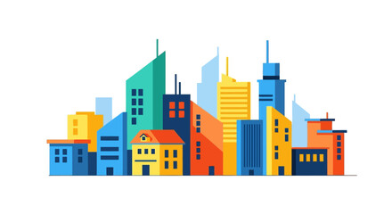 Colorful modern city skyline with varied architecture.