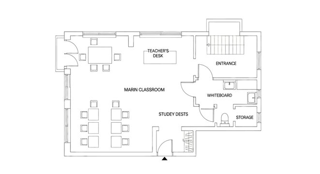 Architectural floor plan of a classroom interior with study desks and teacher's desk.