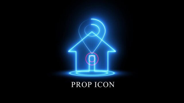 Futuristic Blue Neon prop icon Icon with Glowing House Symbol and Location Marker for Smart City Real Estate Navigation.black background. Home location