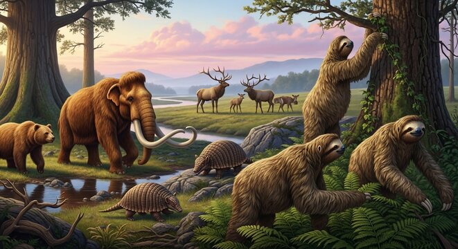 Prehistoric megafauna landscape with woolly mammoth and giant ground sloths, ice age animals in a lush valley, pleistocene wildlife scene