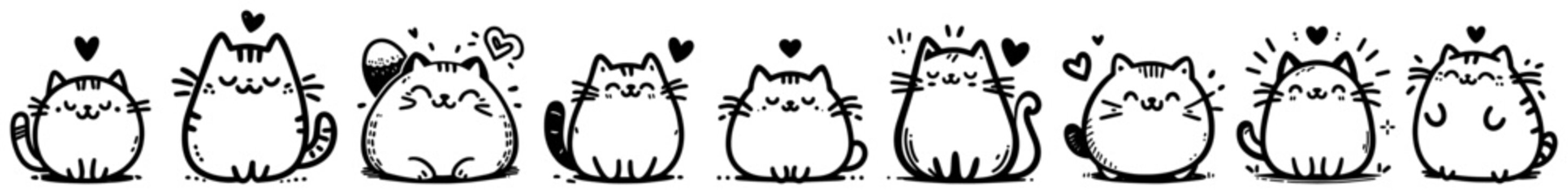 Cute Kawaii Cat Border Illustration, Hand Drawn Doodle Kittens with Hearts for Greeting Cards and Decor, Vector Set of Funny Felines