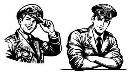 Vintage Military Pilot Officer Vector Set, Retro Style Aviator Man in Uniform Illustration, Comic Style Captain Portraits © Luka