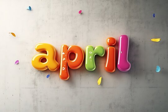 Colorful 3d april word with confetti on gray background