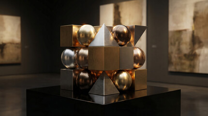 Abstract geometric sculpture featuring spheres cubes and pyramids with metallic finishes